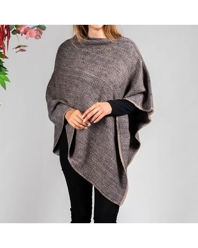 Black Hand Woven Navy & Natural Chunky Cashmere Poncho - Grey