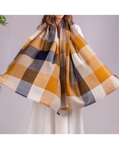 Black Navy And Ochre Check Pashmina Cashmere Shawl - Brown