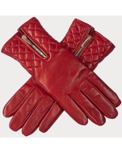 Black Cardinal Red Quilted Leather Gloves With Zip - Cashmere Lined