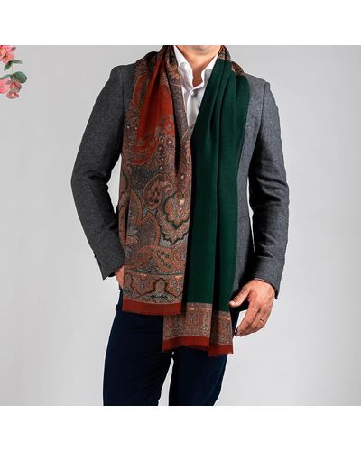 Black Trento Green And Russet Italian Wool Scarf - Multicolor