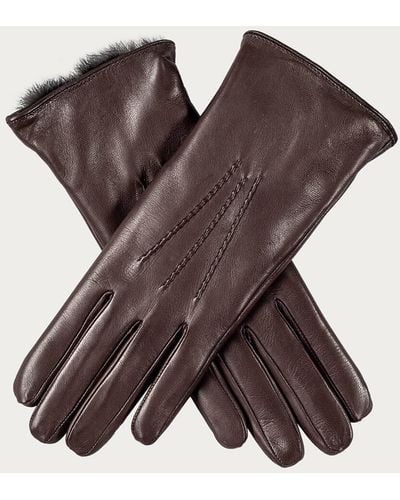 Black Ladies Dark Brown Rabbit Fur Lined Leather Gloves