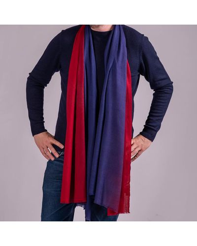 Black Classic Navy To Burgundy Fine Wool And Silk Scarf - Red