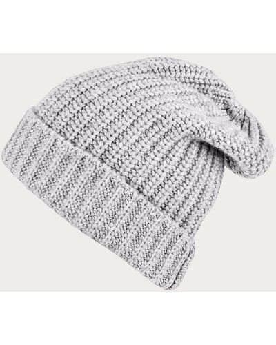 Black Ribbed Cloud Grey Cashmere Slouch Beanie Hat - White