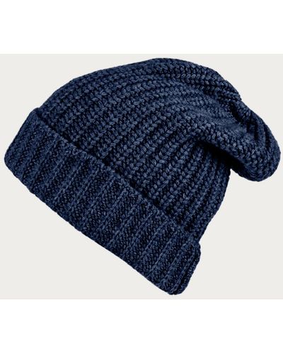 Black Ribbed Denim Blue Cashmere Slouch Beanie Hat