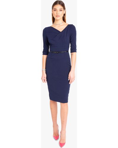 Black Halo Classic 3/4 Sleeve Jackie O Sheath Dress - Blue