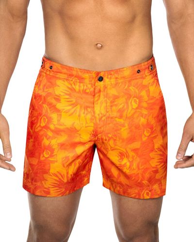 Prince & Bond Elvio Floral Print Slim Fit Swim Trunks - Orange