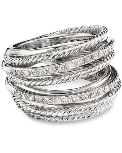 David Yurman Sterling Silver Crossover Wide Ring With Diamonds - White