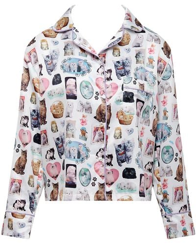 Bluebella Bb X Ashley Williams Kitten Print Luxury Satin Shirt - White