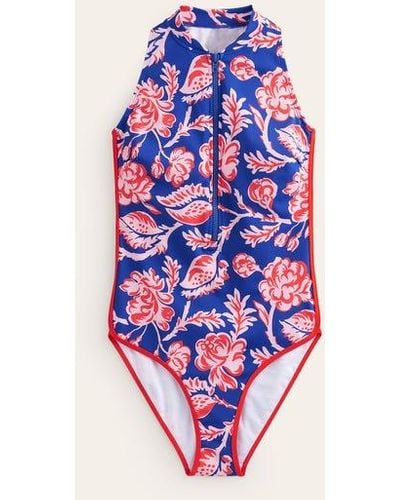 Boden Piped Sporty Swimsuit Surf The Web Blue, Rose Blush - White