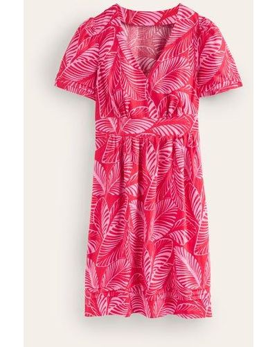 Boden Eve Linen Short Dress Rubicondo, Calathea Leaf - Pink