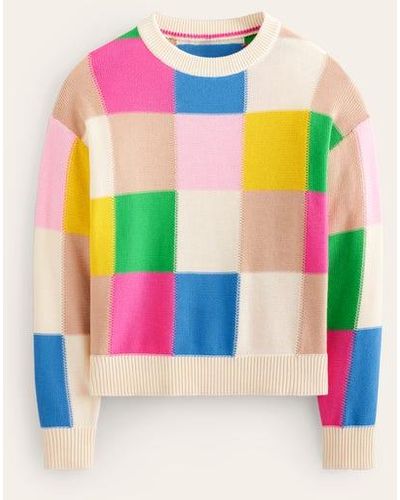 Boden Cotton Novelty Sweater Multi, Check - Pink