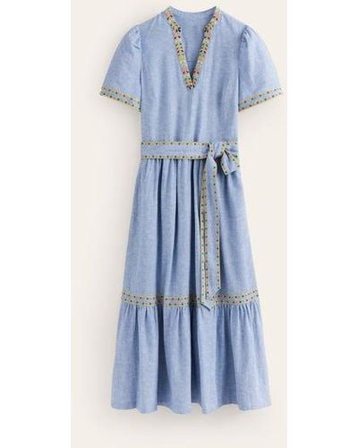 Boden Embroidered Linen Blend Dress - Blue