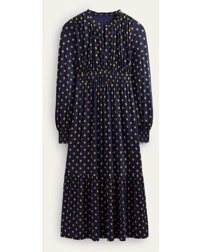 Boden Long Sleeve Ruched Tea Dress French Navy, Spot - Blue