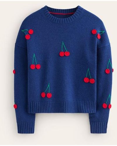 Boden Hand Embroidered Sweater Navy Peony, Cherries - Blue