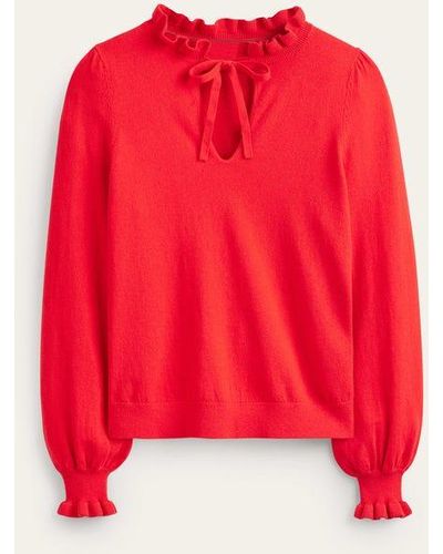 Boden Ruffle Tie Neck Sweater - Red