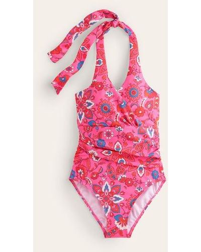 Boden Levanzo Ruched Halter Swimsuit Pink, Botanical Wave