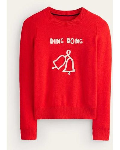 Boden Festive Embroidered Sweater Brilliant Red, Ding Dong