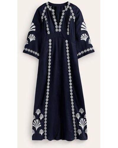 Boden Una Linen Embroidered Dress - Blue