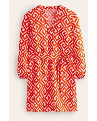 Boden Cleo Linen Tie Waist Dress Flame Scarlet, Maze - Orange