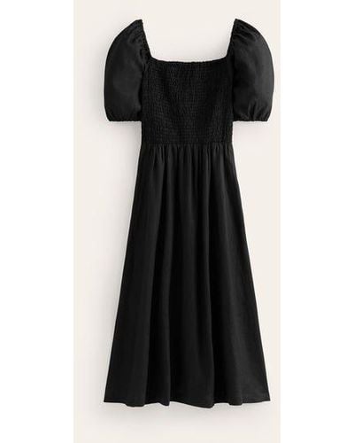 Boden Sky Smocked Linen Midi Dress - Black