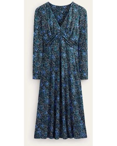 Boden Elodie Empire Midi Dress Emerald Night, Botanic Terrace - Blue