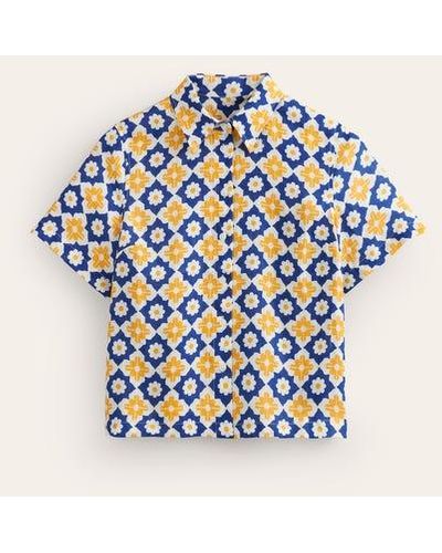 Boden Hazel Short Sleeve Linen Shirt Surf The Web, Geometric Stamp - Blue