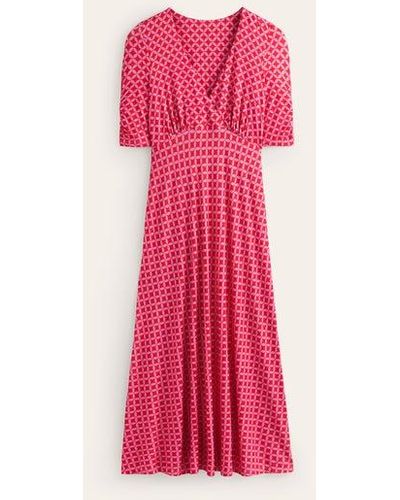 Boden Rebecca Jersey Midi Tea Dress Flame Scarlet, Diamond Terrace - Pink
