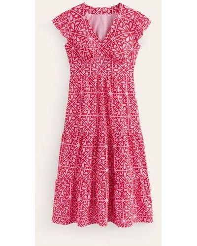Boden May Cotton Midi Tea Dress Flame Scarlet, Floral Mosaic - Pink