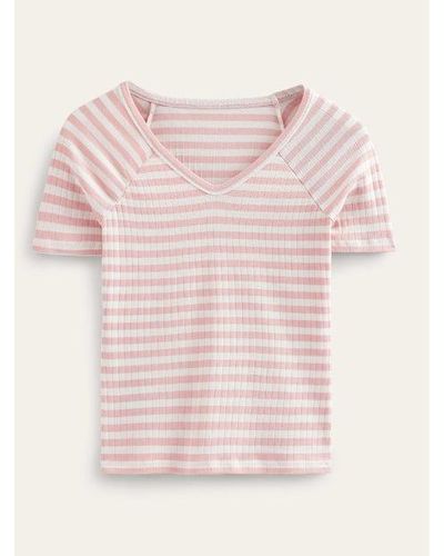 Boden Anna Rib V-neck T-shirt Ivory, Peach Skin Stripe - Pink