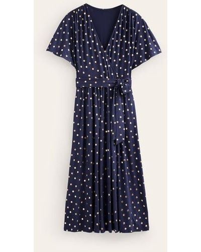 Boden Kimono Wrap Jersey Midi Dress Navy, Scattered Foil Spot - Blue