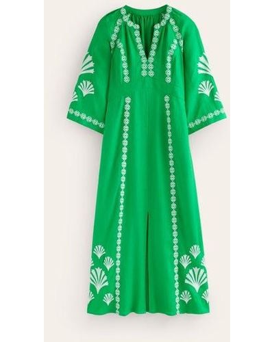 Boden Una Linen Embroidered Dress - Green
