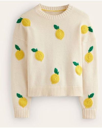 Boden Hand Embroidered Sweater Warm Ivory, Lemons - Metallic