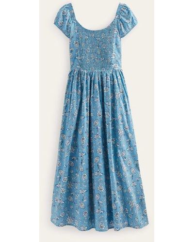 Boden Scoop-neck Smocked Midi Dress Delphinium Blue, Meadow Fall