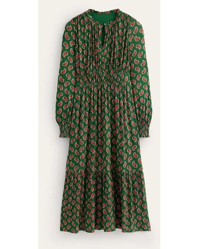 Boden Long Sleeve Ruched Tea Dress Amazon Green, Paisley Bunch