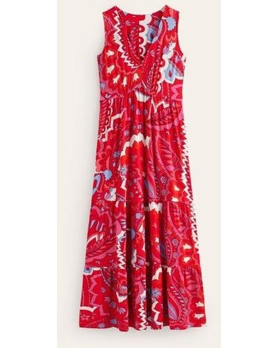 Boden Sylvia Jersey Maxi Tier Dress Flame Scarlet, Foliage Paisley - Red