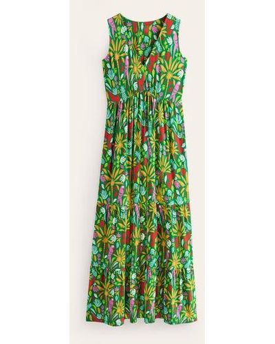 Boden Sylvia Jersey Maxi Tier Dress Green, Tropical Paradise
