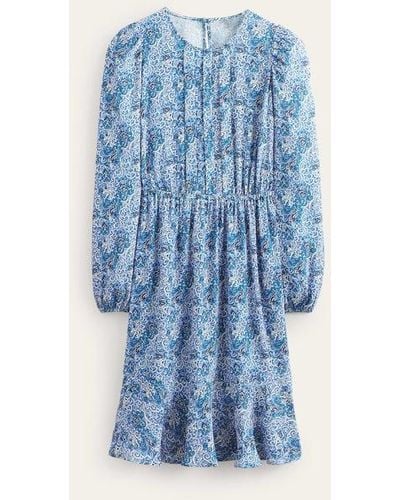 Boden Pleated Peplum Mini Dress Teal, Botanic Terrace - Blue
