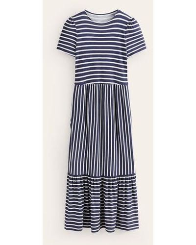 Boden Emma Tiered Jersey Midi Dress French Navy, Ivory Stripe - Blue
