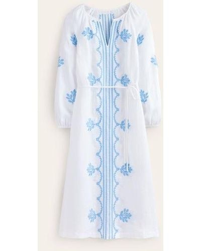 Boden Embroidered Belted Linen Dress - Blue