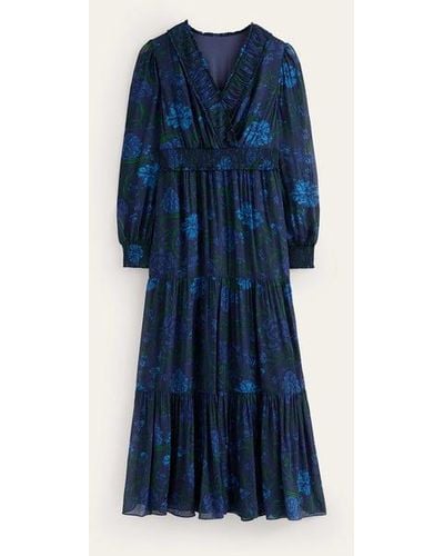 Boden Floral Ruffle-neck Maxi Dress Navy, Freesia - Blue