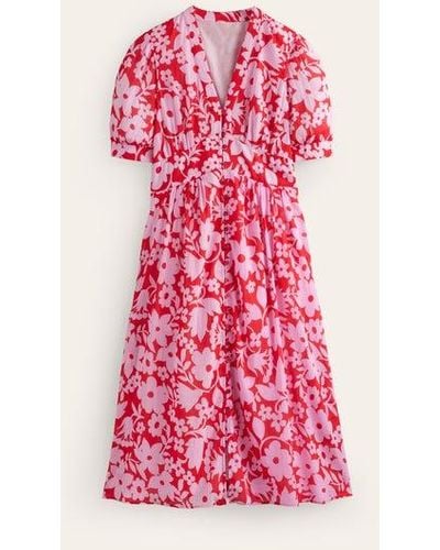 Boden Elsa Crinkle Midi Tea Dress Flame Scarlet, Tulip Garden - Pink