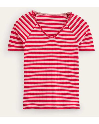 Boden Anna Rib V-neck T-shirt Peach Skin, Hot Pepper Stripe - Pink