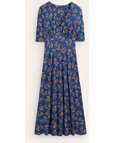 Boden Rebecca Jersey Midi Tea Dress Set Sail, Botanical Bunch - Blue