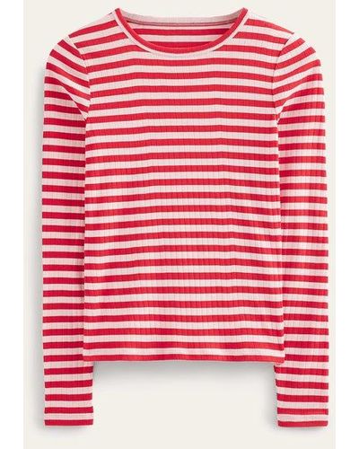 Boden Anna Rib Crew T-shirt Peach Skin, Hot Pepper Stripe - Red