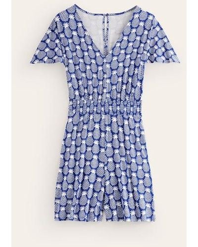 Boden Smocked Jersey Playsuit Surf The Web, Pineapple - Blue