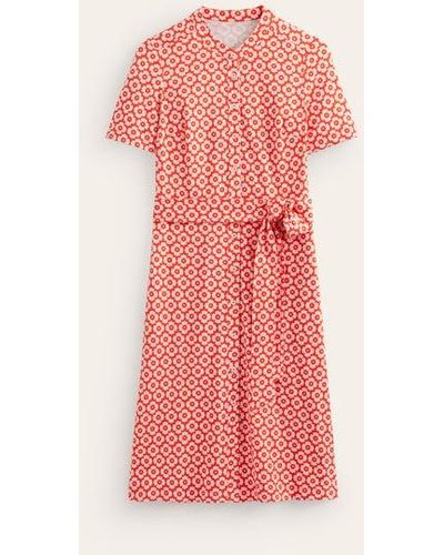 Boden Julia Short Sleeve Shirt Dress Flame Scarlet, Primrose Stamp - Pink