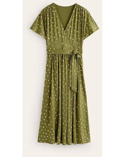 Boden Kimono Wrap Jersey Midi Dress Mayfly, Scattered Foil Spot - Green