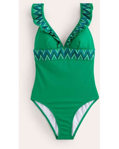 Boden Embroidered Ruffle Swimsuit - Green