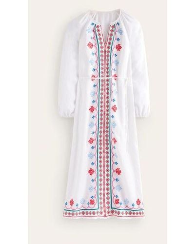 Boden Embroidered Belted Linen Dress White, Multi - Pink