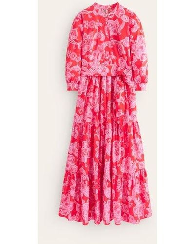 Boden Alba Tiered Cotton Maxi Dress Flame Scarlet, Cascade Paisley - Pink